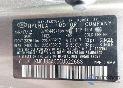 2012 Hyundai Tucson Gls z USA, uszkodzony, nr VIN KM8JU3AC5CU522683